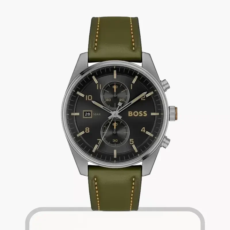 Hugo Boss Skytraveller Black Dial Leather Men's Watch- 1514148